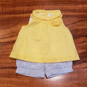 Janie and Jack NWT 3-6 months yellow eyelet rosette blouse, blue striped shorts